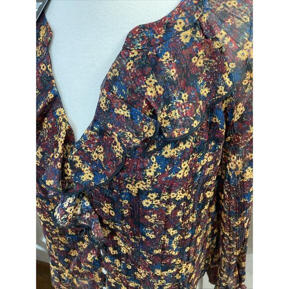 Frye Women’s Floral Button Up Blouse Sz S New Ruffle Western Peasant Red Gold - Picture 2 of 9